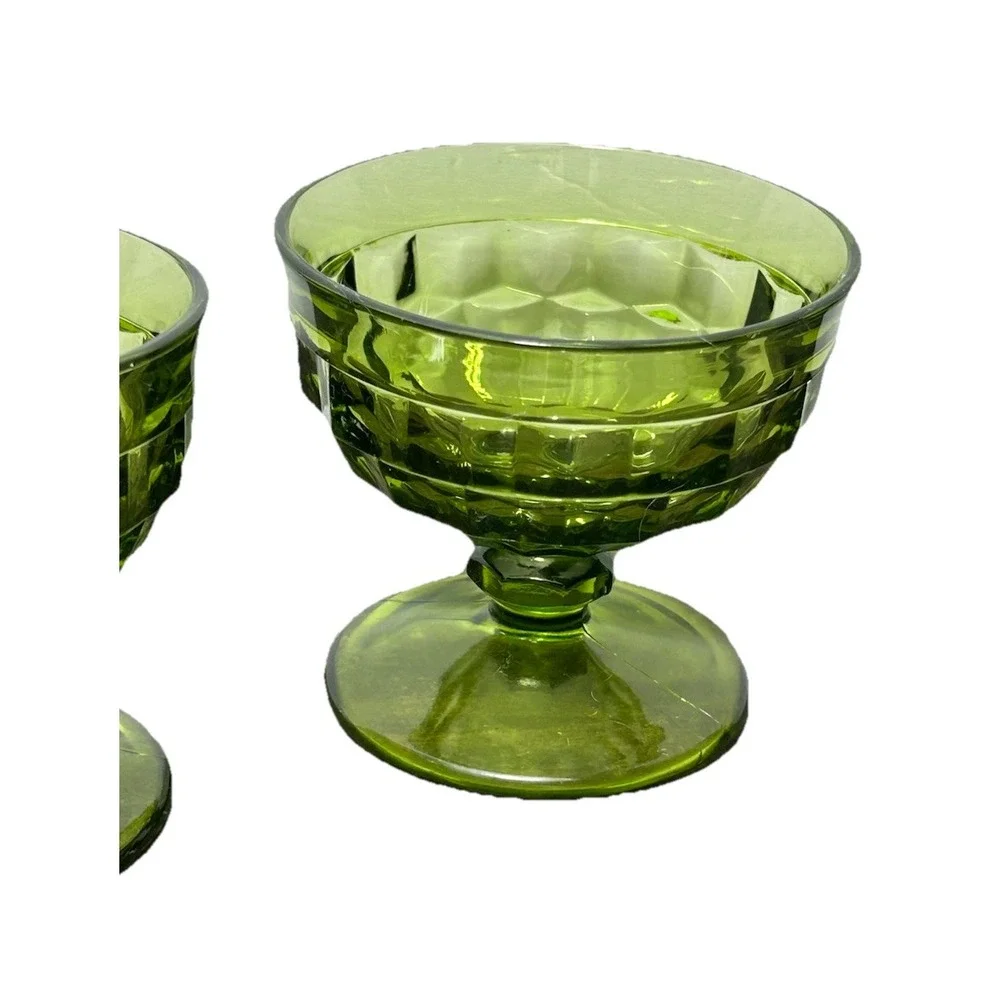 Green Glass Dessert Goblets Footed Cubist Bowls Mid Century VTG Indiana Glass